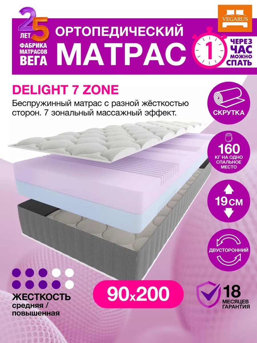 Матрас 90×200 на кровать, беспружинный, ортопедический, Delight 7 Zone