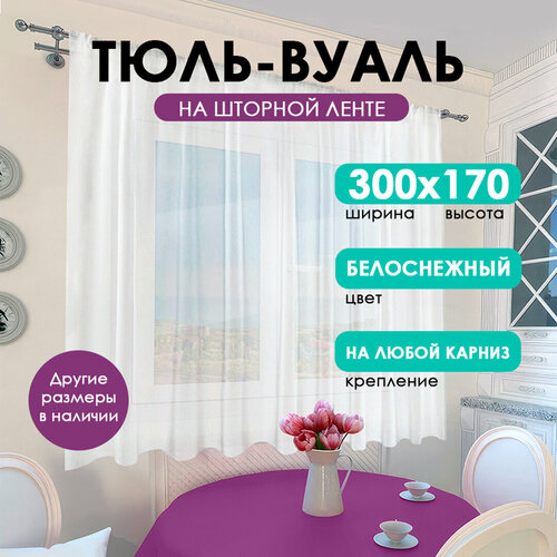 Тюль для кухни короткая Bio-Line вуаль белая на балкон 300х170 см