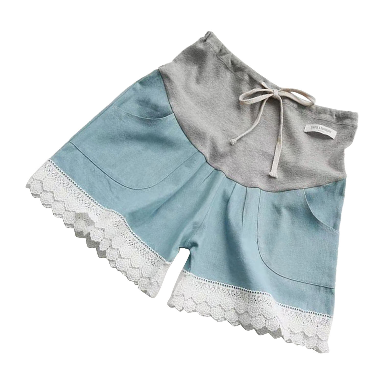 Летние джинсовые шорты для беременных с поддержкой дышащие и мягкие с кружевом и завязкой светло-голубые