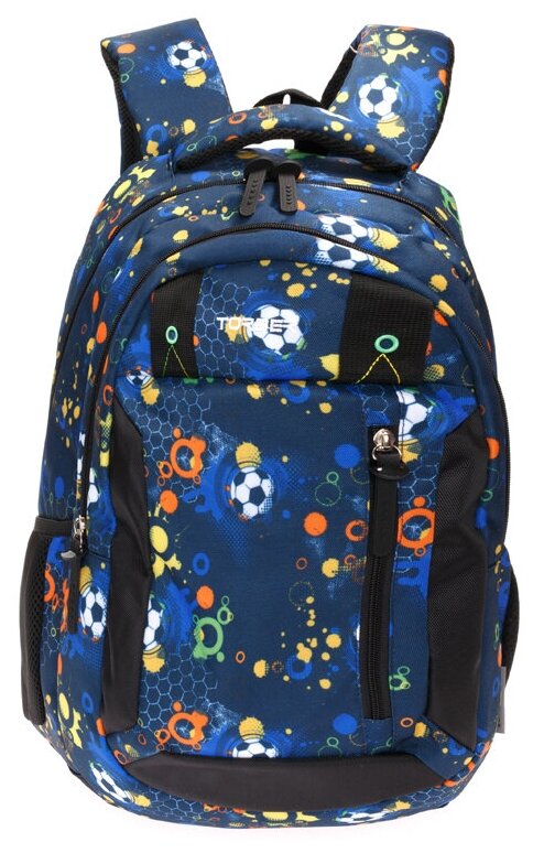 Школьный рюкзак TORBER CLASS X T5220-BLK-BLU черно-синий с рисунком "Мячики", полиэстер, 45х32х16 см, 17 л
