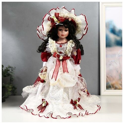 фото Кукла коллекционная керамика "леди констанция в винном платье с оборками" 40 см 4822731 . yandex market