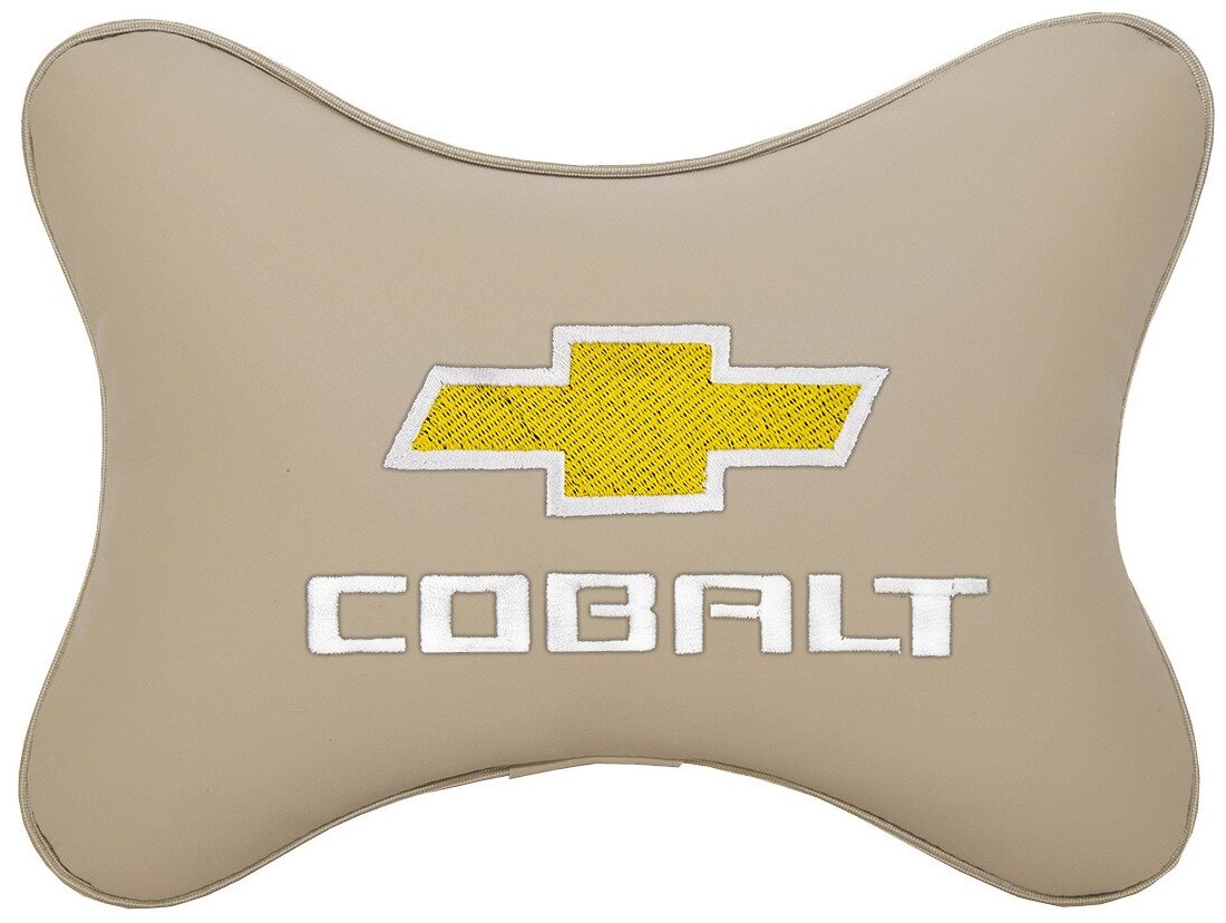 Автомобильная подушка на подголовник экокожа Beige с логотипом автомобиля CHEVROLET Cobalt