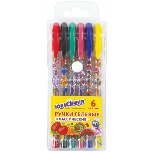 Ручки гелевые юнландия, набор 6 цветов, корпус с печатью, узел 0,5 мм, линия письма 0,35 мм, 142799
