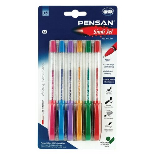 Ручки гелевые PENSAN Glitter Gel набор 6 цветов чернила с блестками узел 1 мм линия письма 0 5 мм, 2 шт