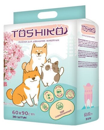 Одноразовые пелёнки Toshiko c липким фиксирующим слоем для животных, с ароматом сакуры 60х90 см,30 шт