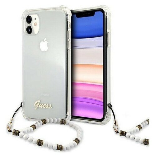 фото Чехол cg mobile guess pc/tpu script hard + pearl strap для iphone 11, цвет прозрачный/белый ремень (guhcn61kpswh)