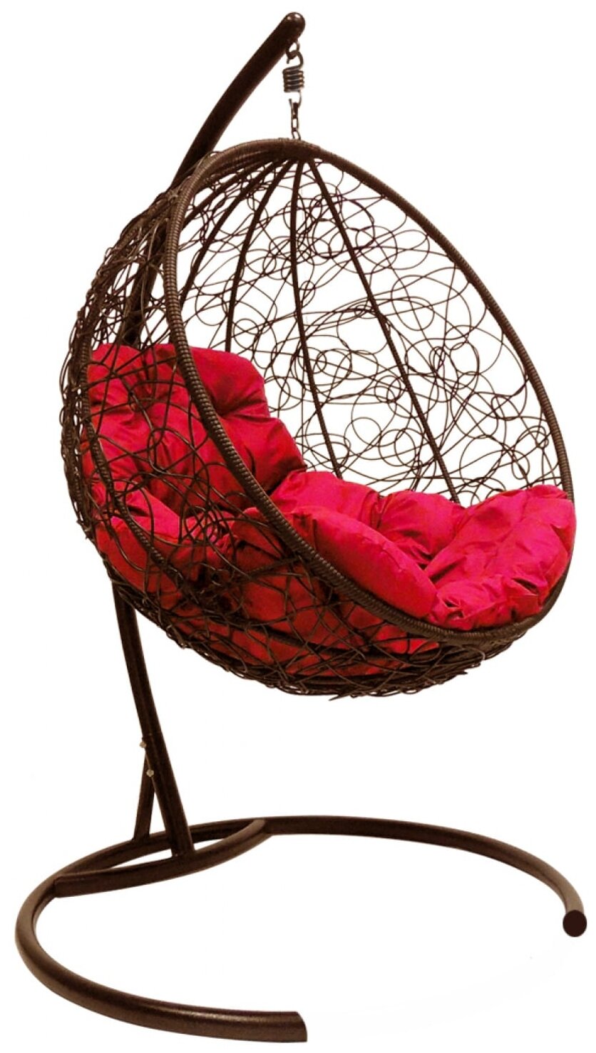 Подвесное кресло круг с ротангом коричневое, красная подушка - фотография № 1