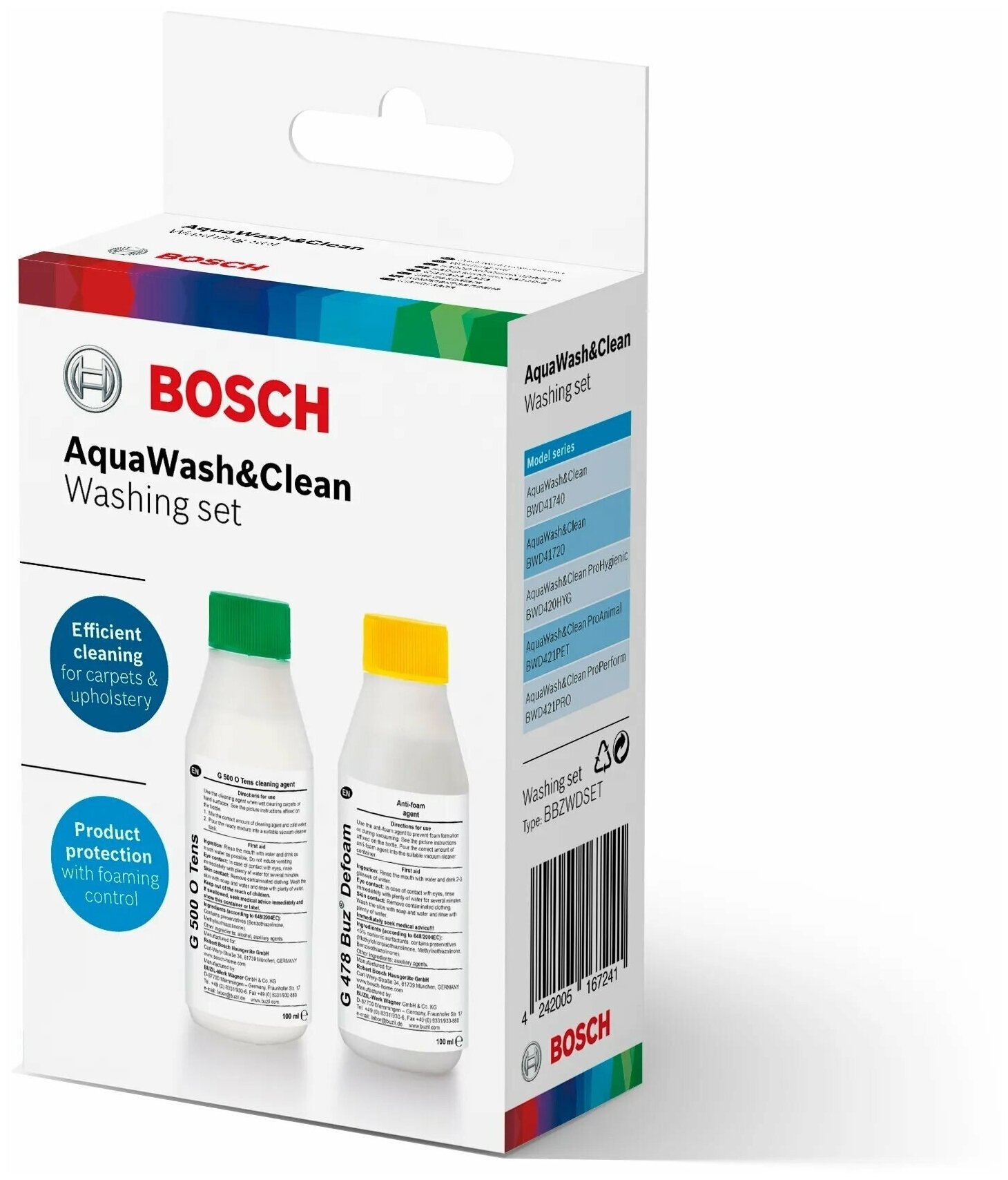 Набор средств AquaWash&Clean для моющих пылесосов Bosch: шампунь G500 + пеногаситель G478 D