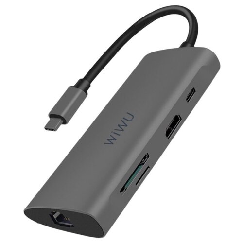 Хаб WiWU Alpha 831HRT Type-C to 3 x USB 3.0 + Type-C + HDMI + RJ45 + Cardreader 8 in 1 Adapter Grey usb концентратор 10 в 1 хаб ugreen 3 x usb 3 0 hdmi vga rj45 sd tf jack 3 5 mm pd 80133