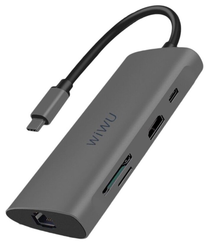 Хаб WiWU Alpha 831HRT Type-C to 3 x USB 3.0 + Type-C + HDMI + RJ45 + Cardreader 8 in 1 Adapter Grey