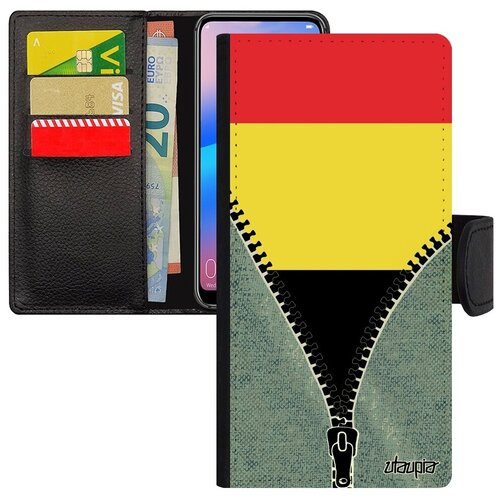 фото Дизайнерский чехол-книжка на смартфон // samsung galaxy a10 // "флаг бельгии на молнии" страна туризм, utaupia, серый