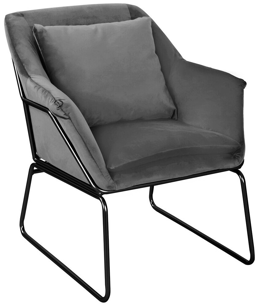 Кресло с подушкой мягкое велюр ALEX серое, для отдыха, на черных металлических ножках, офисное, интерьерное для дома в гостиную и на кухню