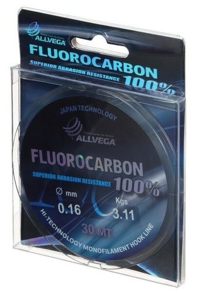 Леска монофильная ALLVEGA "FX Fluorocarbon 100%" 30м 0,16мм (3,11кг) флюорокарбон 100%