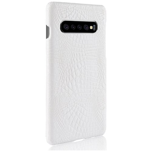 Чехол-панель MyPads для Samsung Galaxy S10+ Plus SM-G975F тонкий задний бампер на пластиковой основе с отделкой под кожу крокодила белый