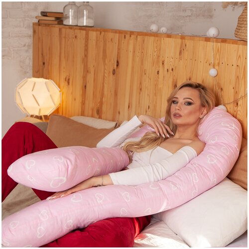 Подушка для беременных Vensalio U340 Premium Флирт сердечки, розовая, 140x90