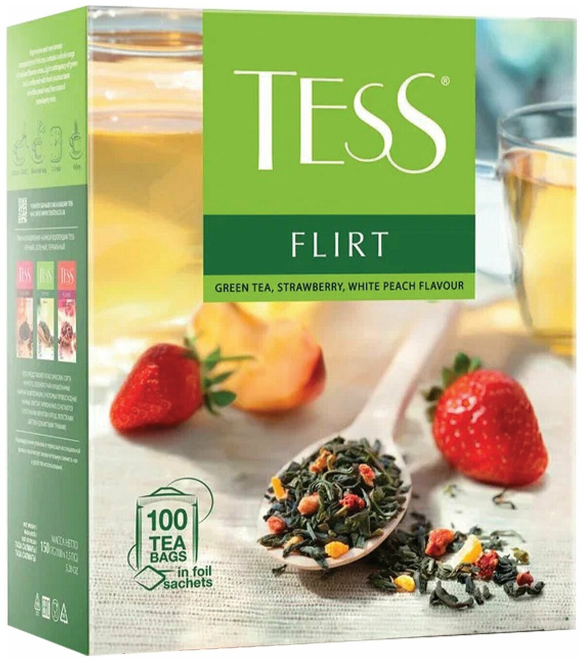 Чай TESS "Flirt" зеленый с клубникой и персиком, 100 пакетиков в конвертах по 1,5 г, 1476-09 В комплекте: 1шт.