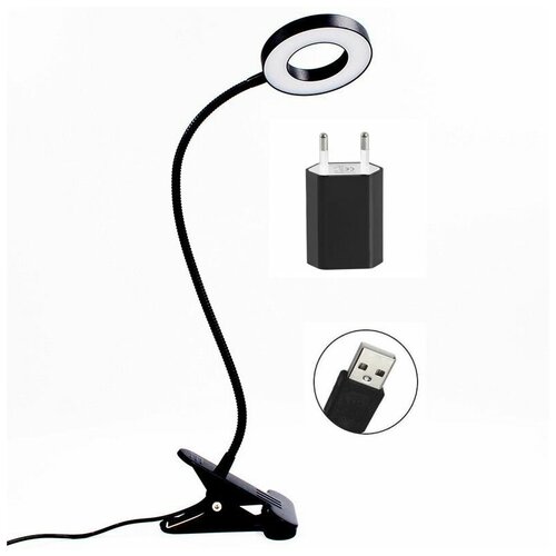 Настольная лампа прищепка USB 501 черная с блоком питания USB 5В , 48 LED, гибкая-40 см, с регулировкой яркости и цвета . Модель - ROL-501USB-S-P-B