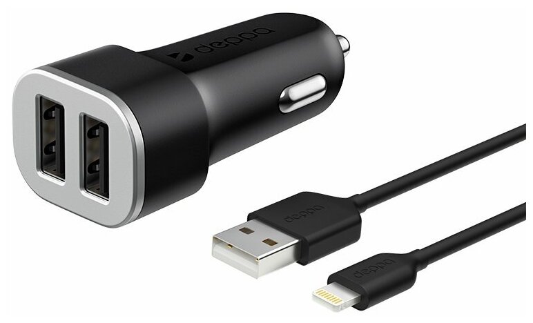 Автомобильное зарядное устройство Deppa 2 USB 2.4А + кабель Lightning MFI черный