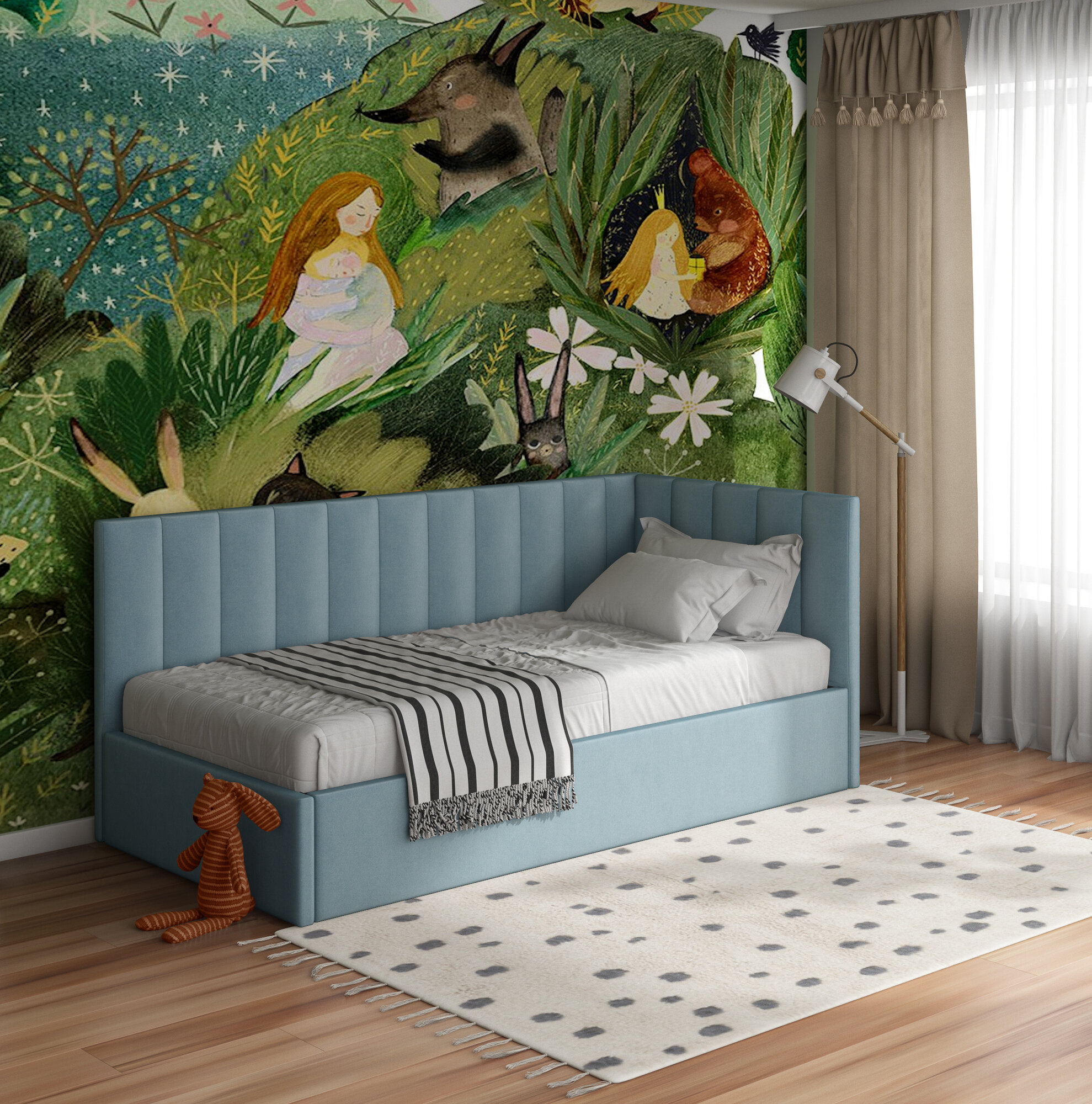 фото Диван кровать Агата для детской с подъемником 90х200 ортопедическим осн, односпальная с ящиком для белья, боковой спинкой мягким изголовьем