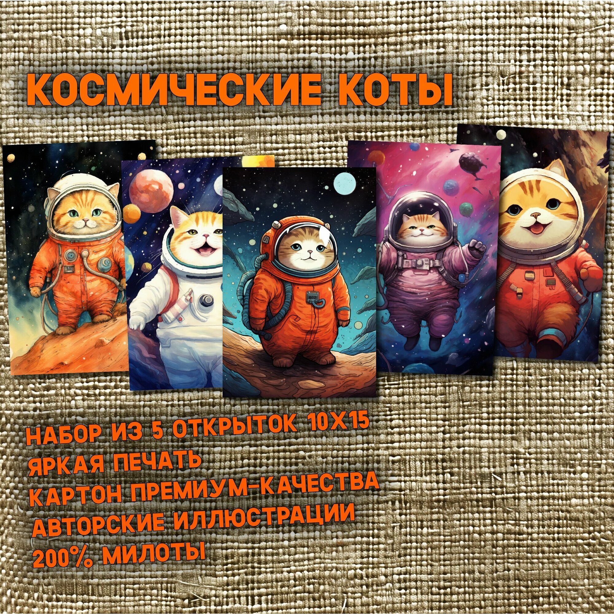 Космические мурчалки B: набор из 5 открыток про котов-космонавтов на орбите ярких планет, для посткроссинга и поздравлений, к дню космонавтики