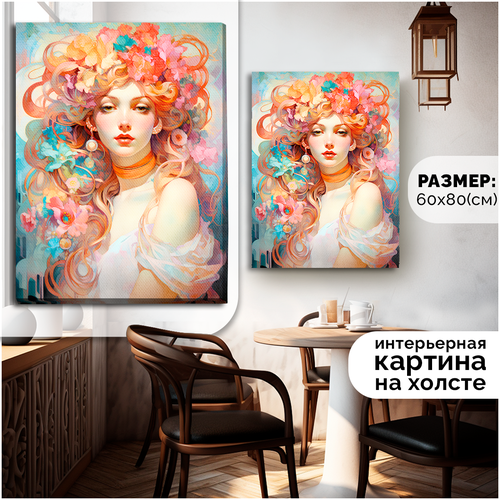 Картина интерьерная на холсте девушка (осень, цветы, Альфонс Муха, женщина) - 13 В 80x60