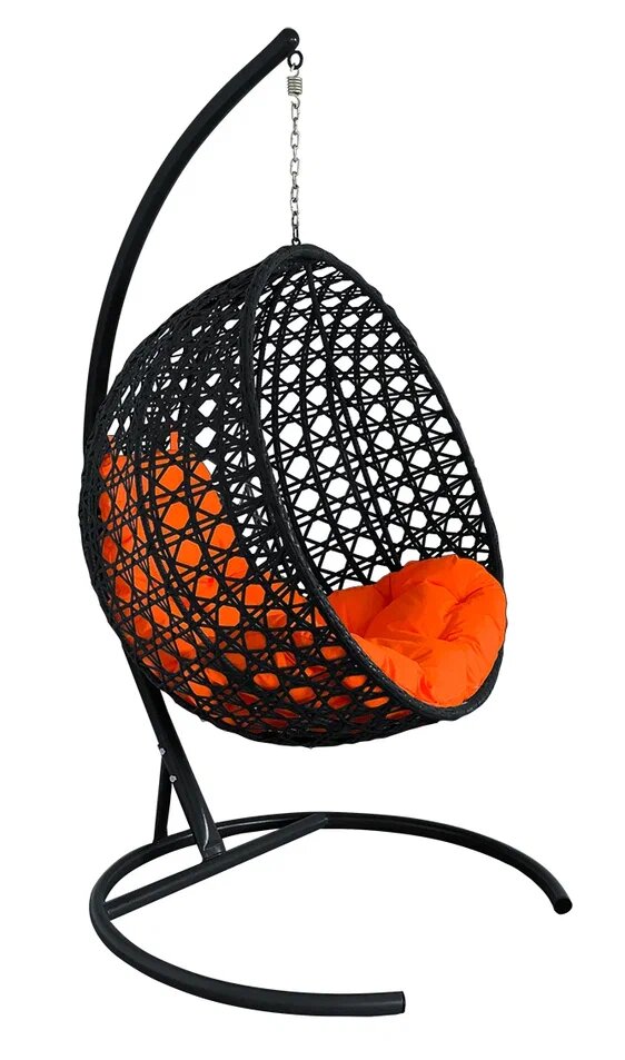 Подвесное кресло из ротанга "круг люкс" с ротангом черное, оранжевая подушка