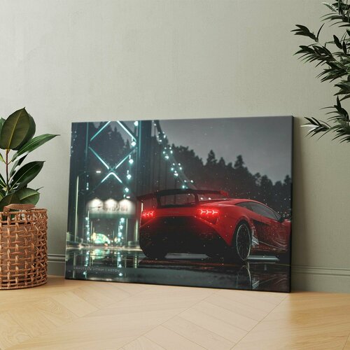 Картина на холсте (Красная машина припаркована под дождем) 30x40 см. Интерьерная, на стену.