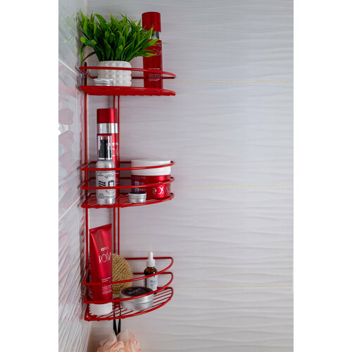 Полка для ванной комнаты угловая 3-ярусная Красная без порчи стен