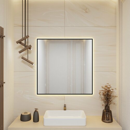 Зеркало с подсветкой в алюминиевой раме настенное ALUMIRROR 90х90см. Свет: Теплый белый 3000К. Черное