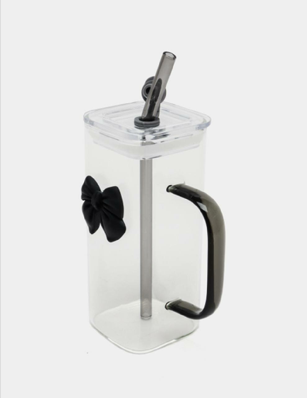 Стакан с трубочкой и бантиком Ribbon многоразовая стеклянная трубочка. черная