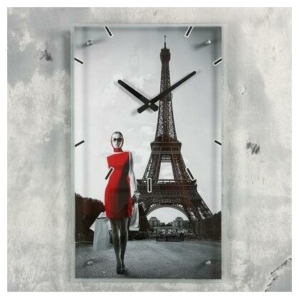 Часы настенные прямоугольные "Девушка в красном платье в париже", 35х60 см Сюжет 1146603 .