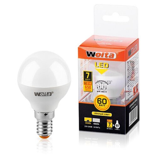 фото Светодиодная лампа wolta шар 7вт gl45 e27 4000k