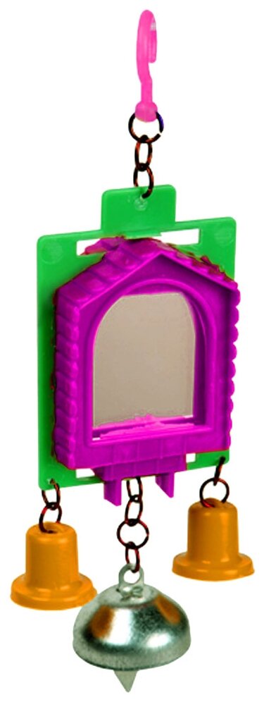 Игрушка для птиц зеркало двойное с металлическим и пластиковыми колокольчиками №2, микс - фотография № 1