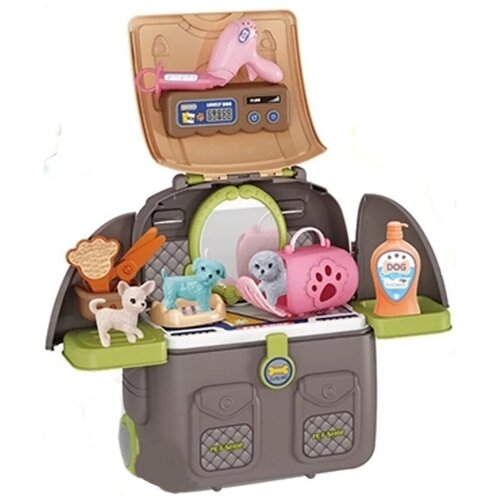 Детский игровой набор Зоосалон в чемодане на колесах, 4 в 1, 38х38х23 см, с аксессуарами и животными, 22 предмета питомцы и аксессуары