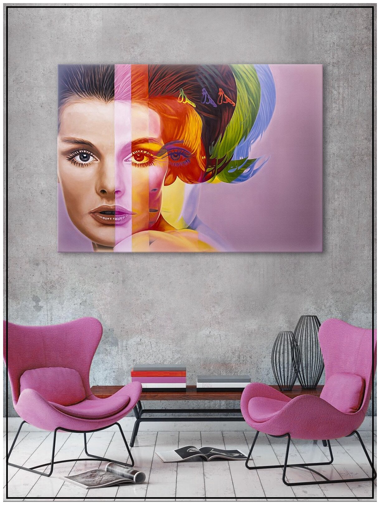 Картина для интерьера на натуральном хлопковом холсте "Девушка радуга", 30*40см, холст на подрамнике, картина в подарок для дома