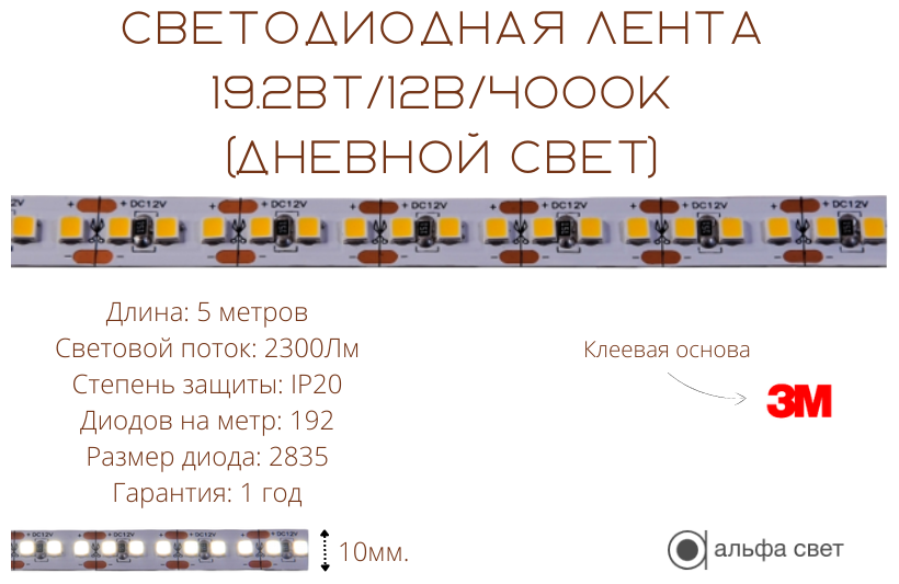 Светодиодная лента, Подсветка, 19,2Вт, 12В, 4000к, 192Днм, 5 метров (Дневной свет) Одноцветная светодиодная лента, Альфа Свет - фотография № 2