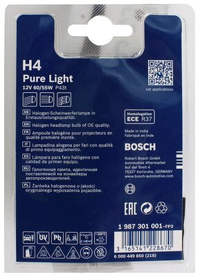 Bosch Lampe de phare Pure Light H4 12V 60/55W : : Auto et Moto