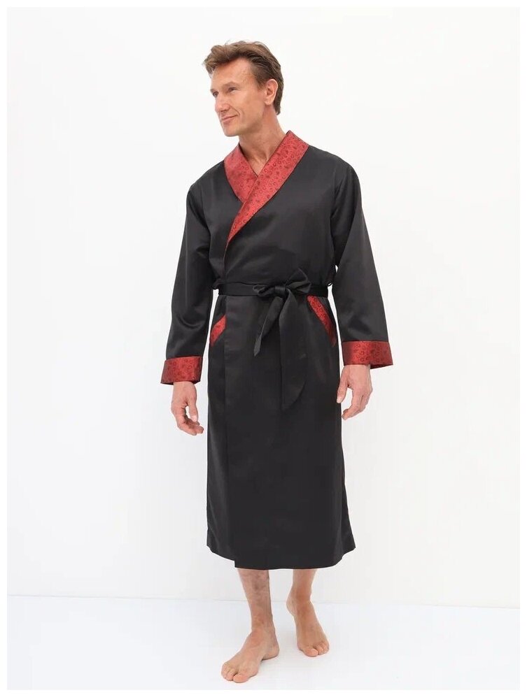 Халат мужской домашний (шёлк), Домашняя одежда, Цвет черный с красным, Размер 54 - фотография № 1