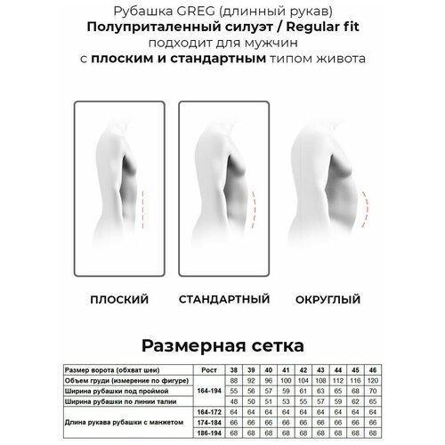 фото Рубашка мужская длинный рукав greg gb163/319/25/z, полуприталенный силуэт / regular fit, цвет белый, рост 174-184, размер ворота 39