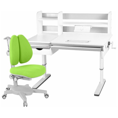 Комплект Anatomica Premium-50 парта + кресло + надстройка + выдвижной ящик cерый/голубой/розовый c креслом Armata Duos зеленый