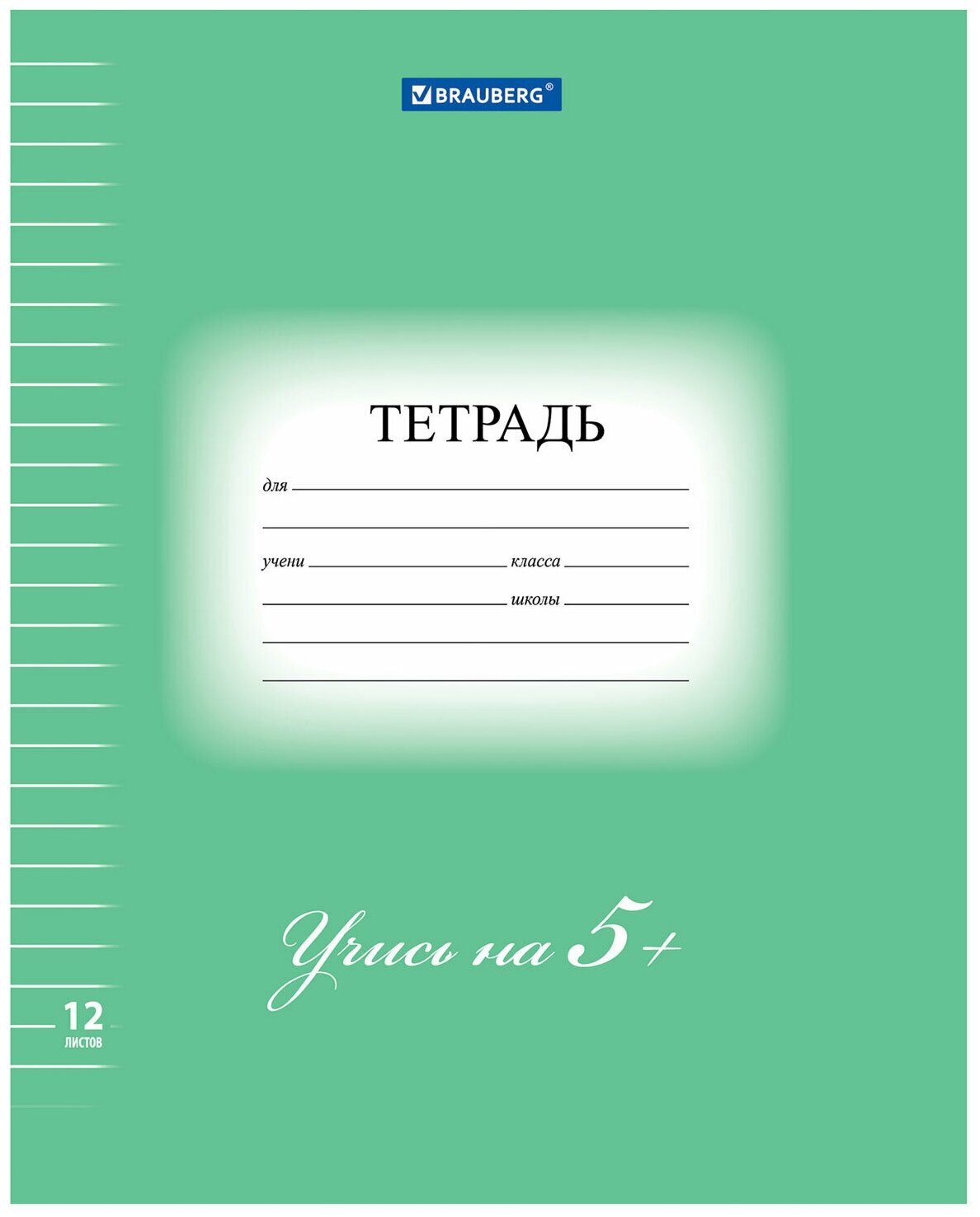 Тетрадь 12 л. BRAUBERG ЭКО "5-КА", линия, обложка плотная мелованная бумага, зеленая, 104763 - 20 шт.