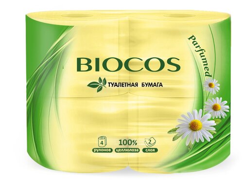 Туалетная бумага BioCos Двухслойная с ароматом ромашки 4 рул., желтый