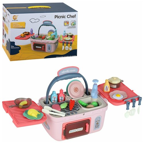 Кухня детская игровая, с раковиной/водой, игрушечная посуда и продукты, еда меняет цвет, розовый, JB0209340