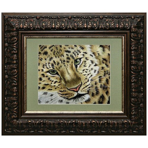 Картина вышитая шелком Леопард ручной работы /см 55х55х3/багет+паспарту