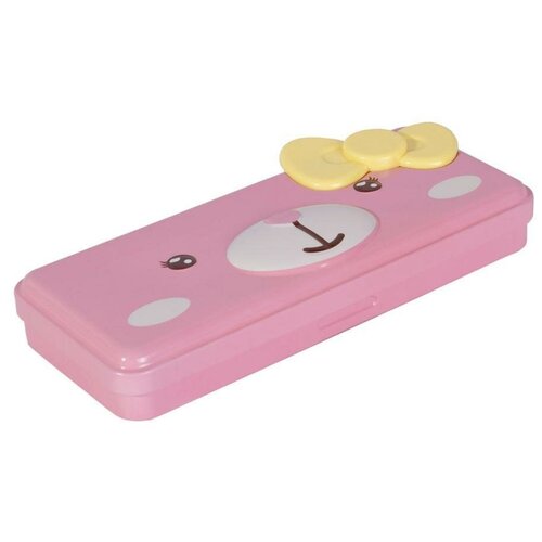 фото Пенал школьный металлический, 2 отделения, alingar, таблица умножения, органайзер, 22х10х4 см, "мишка с бантиком", розовый