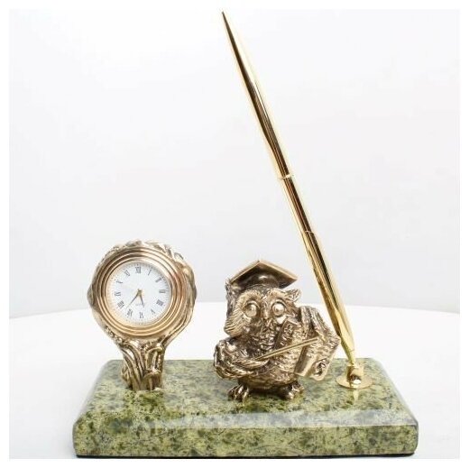 Подарки Письменный прибор с часами "Сова-учитель" (бронза, змеевик, г. Златоуст)