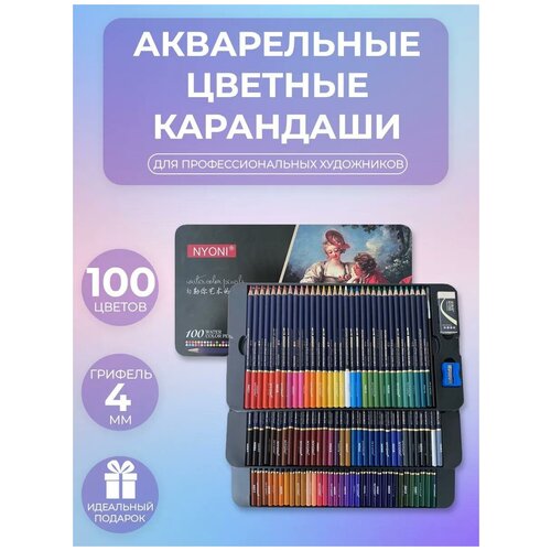 Цветные художественные акварельные карандаши NYONI 100 цветов, деревянные, заточенные, в подарочном металлическом кейсе с кистью