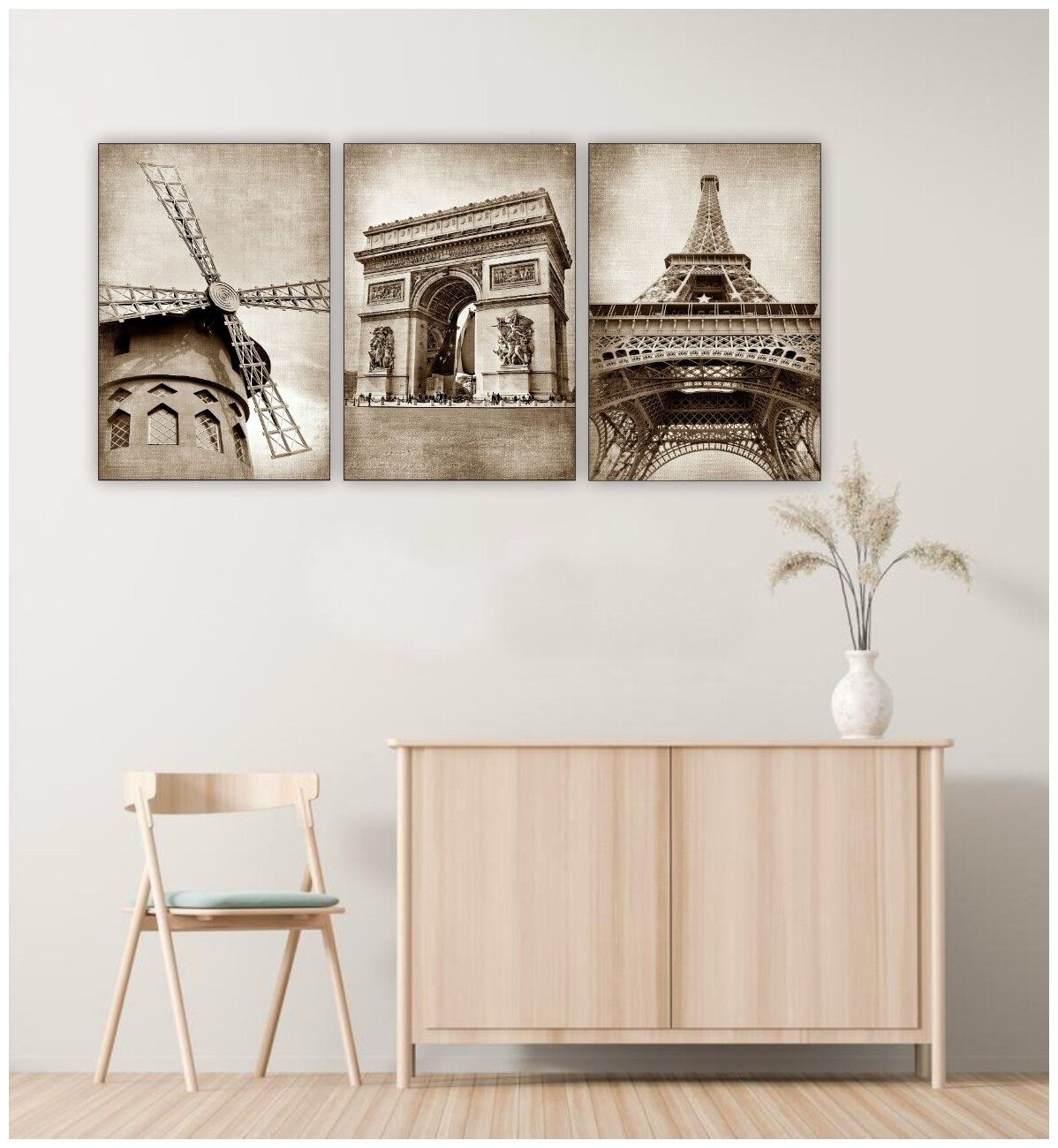 Комплект модульных картин на дереве для интерьера "Архитектура Парижа" триптих 90*40см