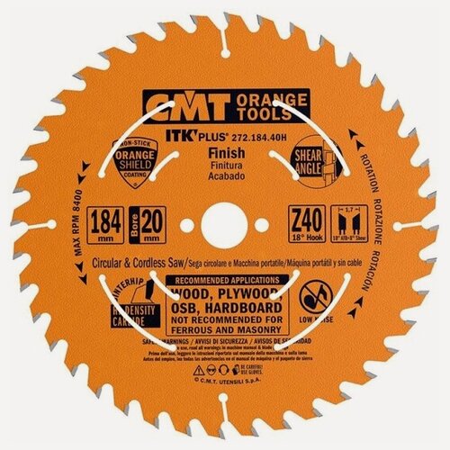 Изображение товара Пильный диск по дереву Cmt 272.184.40H, 184X20(+16+15,87)X1,7/1,1 18° 10° ATB + 8° SHEAR Z=40