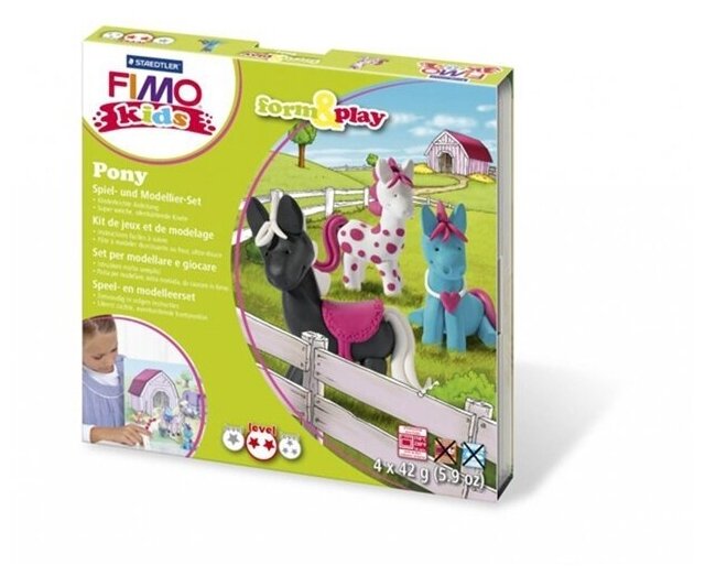 Набор для лепки FIMO kids form&play Пони, состоящий из 4-ти блоков по 42 г, уровень сложности 2